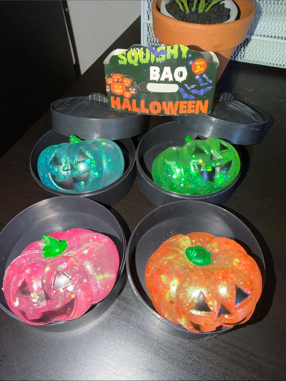 FOUR 4 Squishy Gel Bao Halloween Glitter Pumpkin Pink Orange Blue & Green